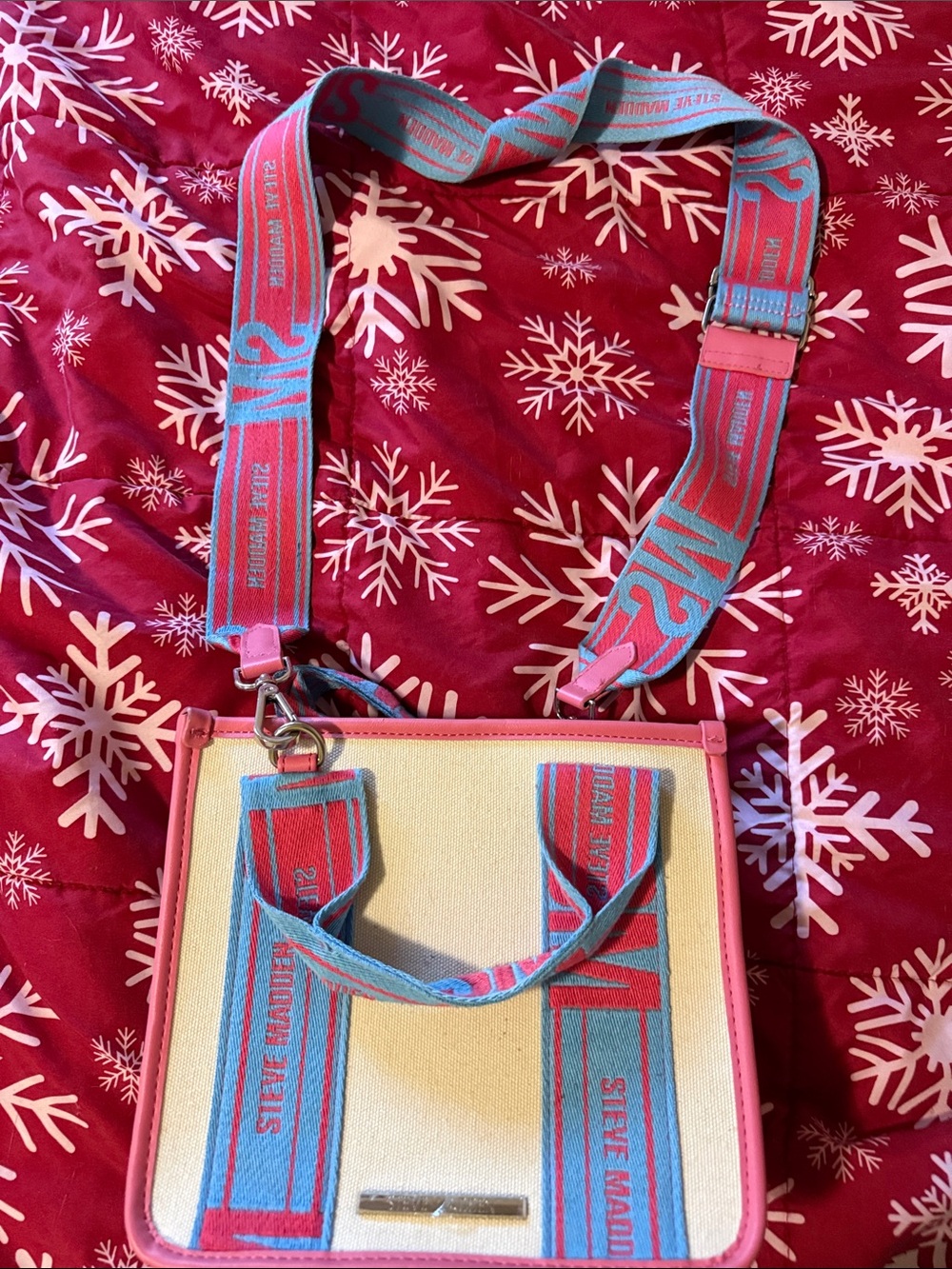 Steve Madden Cream Canvas Crossbody with Pink Trim and Blue Strap